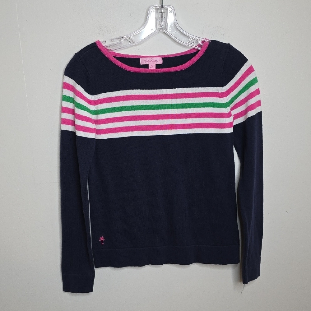 Lilly Pulitzer Navy Sweater with Pink and Green Stripes Sz XL 12-14